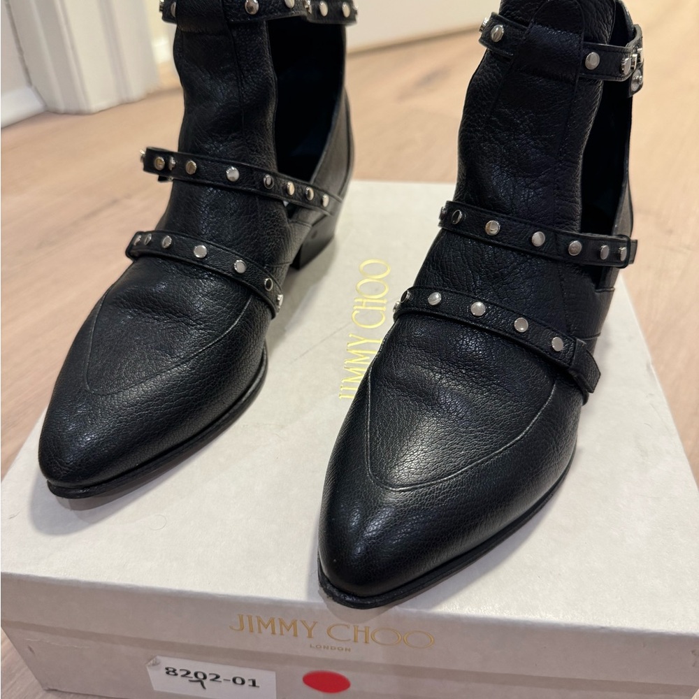 Jimmy Choo Black Leather Studded Ankle Boots Size 37, Barely Worn